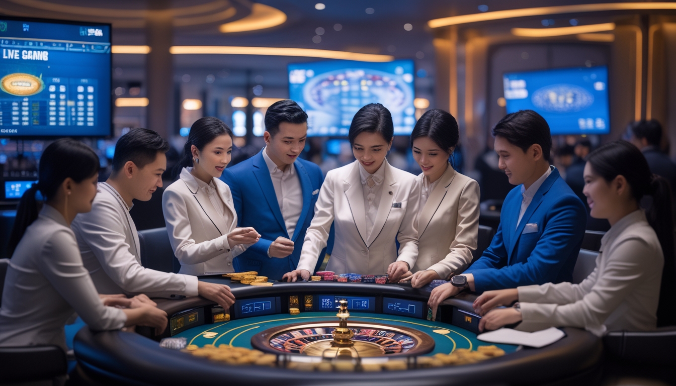 Suasana kasino langsung dengan dealer dan pemain Asia yang sedang bermain di meja permainan modern dengan layar digital dan pencahayaan neon.