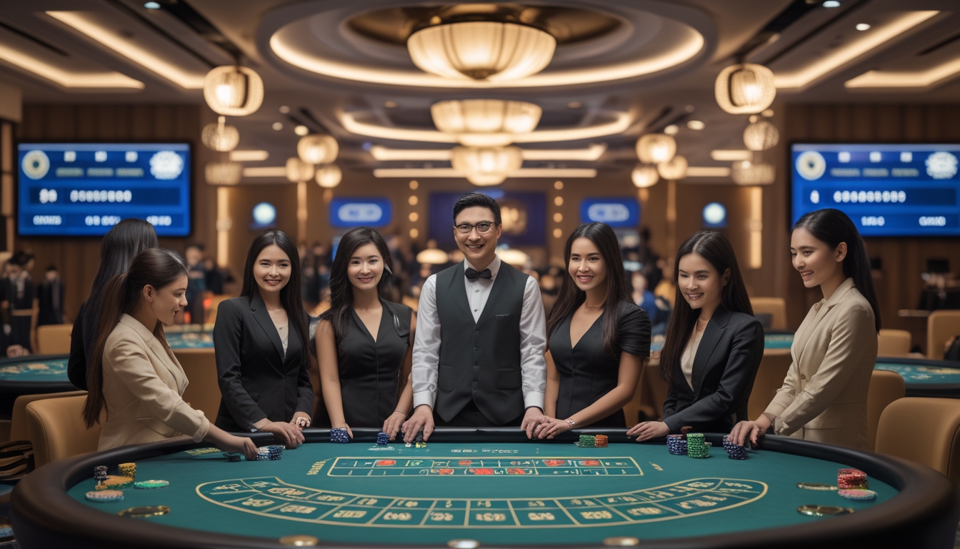 Suasana kasino langsung yang mewah dengan dealer dan pemain sedang bermain di meja permainan, menampilkan lingkungan yang aman dan terpercaya.