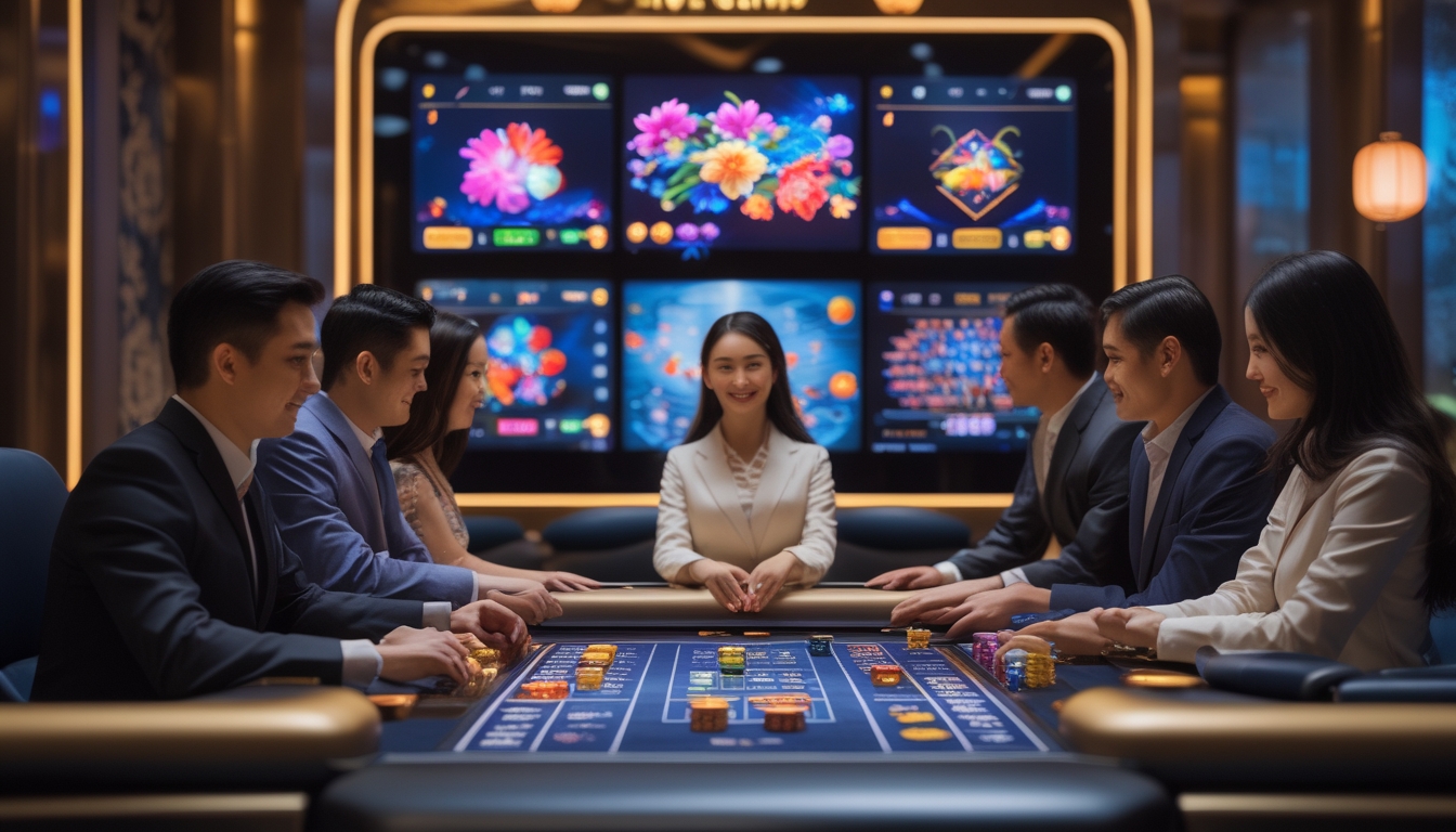 Suasana kasino langsung dengan pemain dan dealer di meja permainan yang modern dan aman, menampilkan elemen desain Asia.