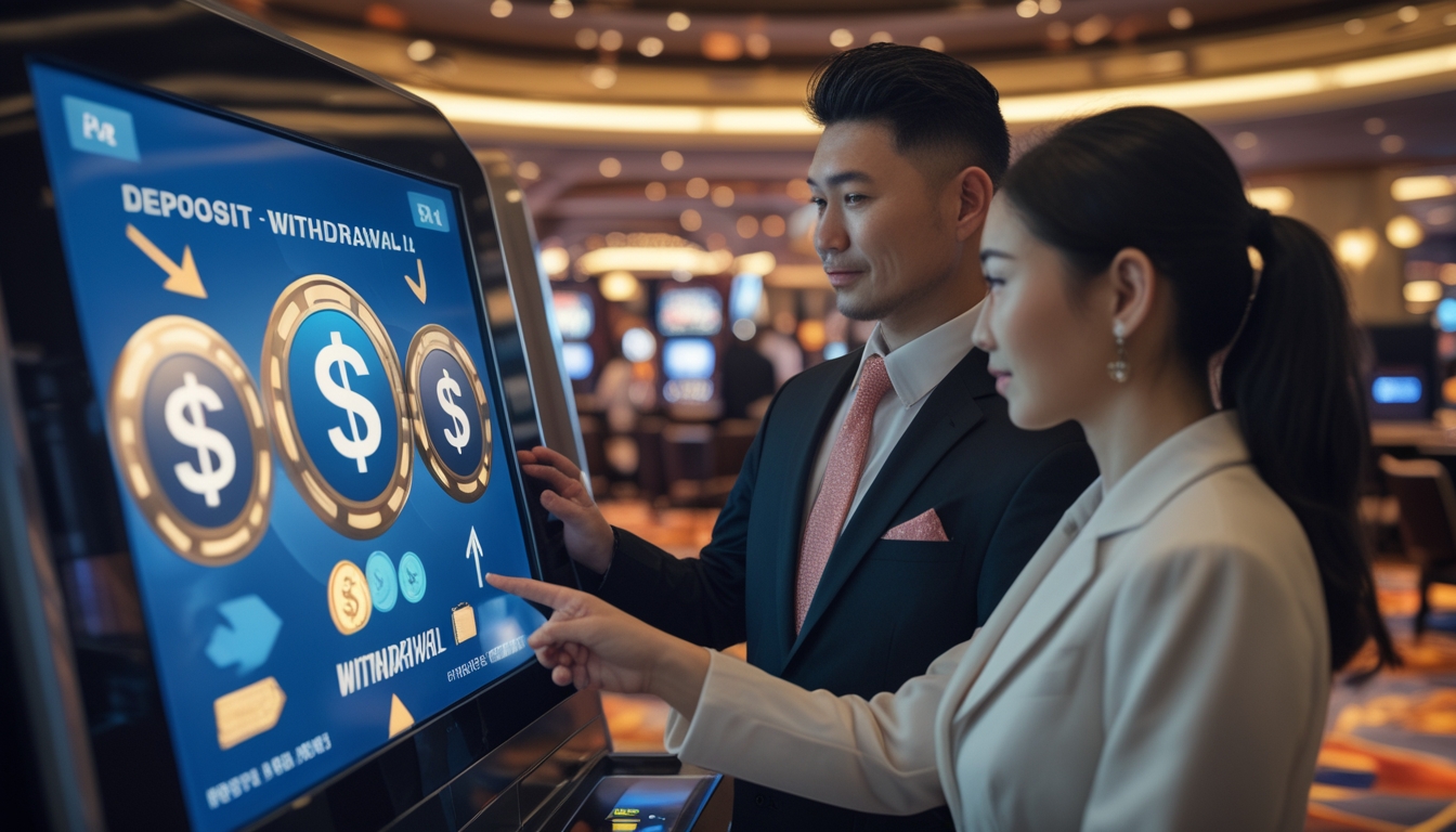 Seorang pria dan wanita Asia menggunakan layar sentuh digital di kasino langsung untuk melakukan transaksi deposit dan penarikan uang.
