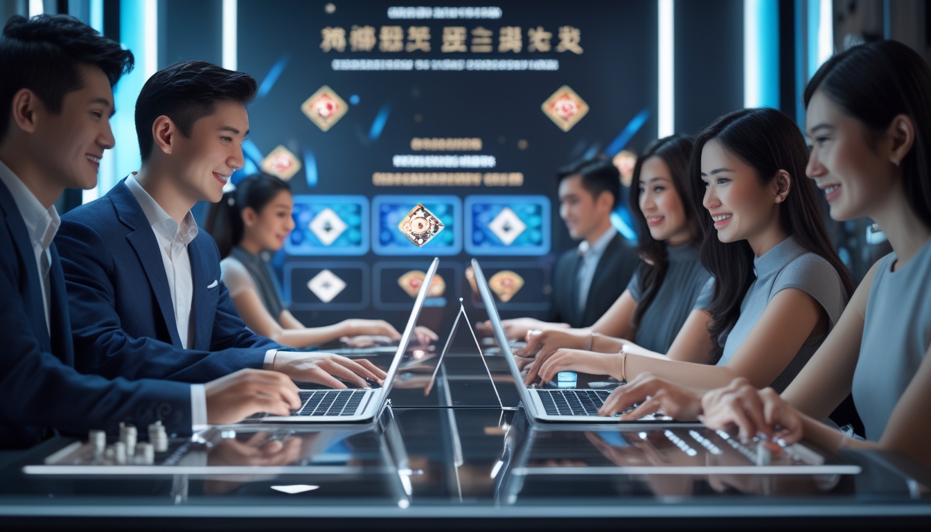 Orang-orang menggunakan perangkat digital untuk bermain kasino online di lingkungan yang modern dan profesional.