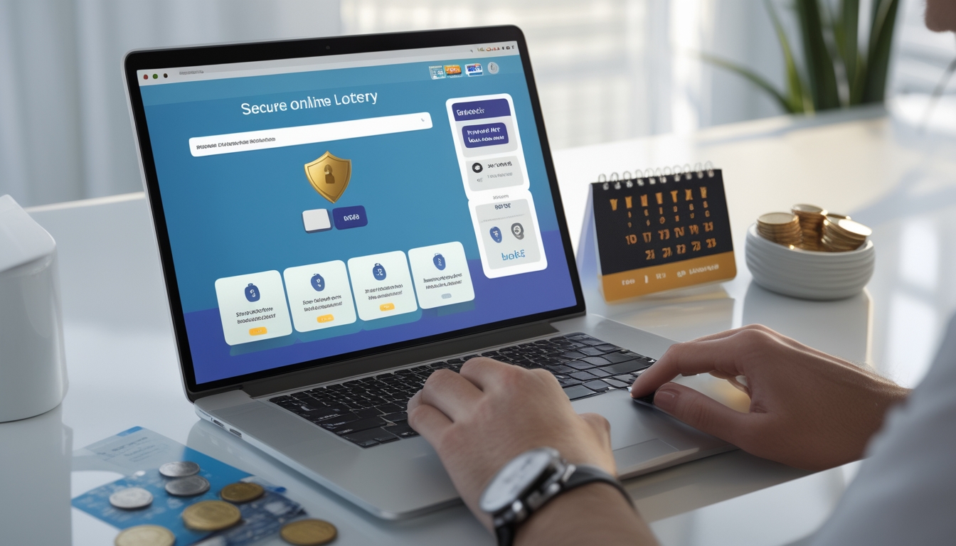 Seorang pengguna sedang mengetik di laptop yang menampilkan situs togel online dengan ikon keamanan, di meja terdapat koin dan kalender yang menandai periode mingguan.