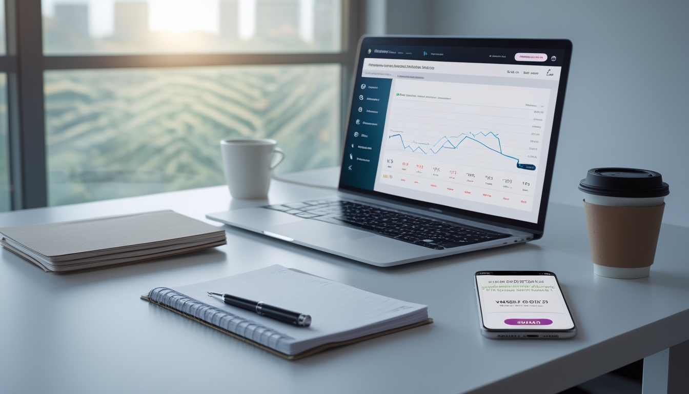 Seorang profesional sedang bekerja di meja dengan laptop dan smartphone, meninjau situs togel online dengan suasana kantor yang terang.