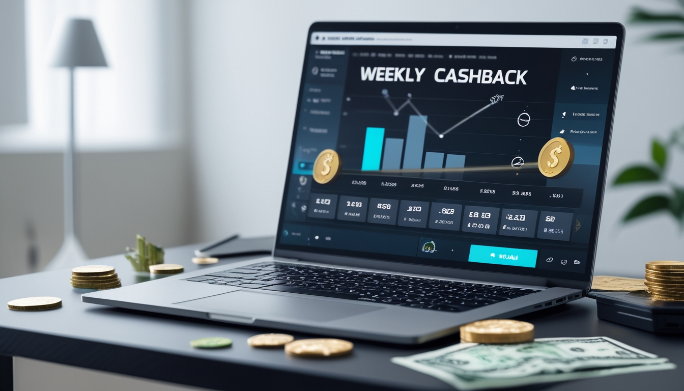 Seorang pengguna sedang melihat layar laptop dengan tampilan situs togel online dan grafik cashback mingguan, di meja terdapat uang dan ikon dompet digital.