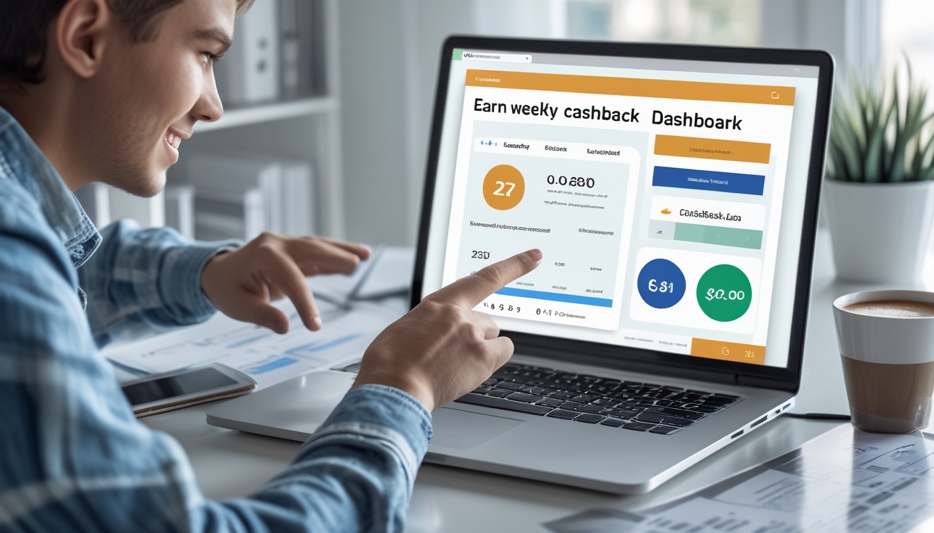 Seseorang sedang menggunakan laptop di meja kerja dengan tampilan dashboard cashback digital di layar.
