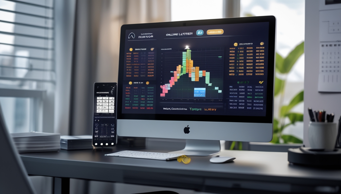 Sebuah meja kerja modern dengan komputer dan ponsel yang menampilkan grafik dan notifikasi terkait permainan togel online.