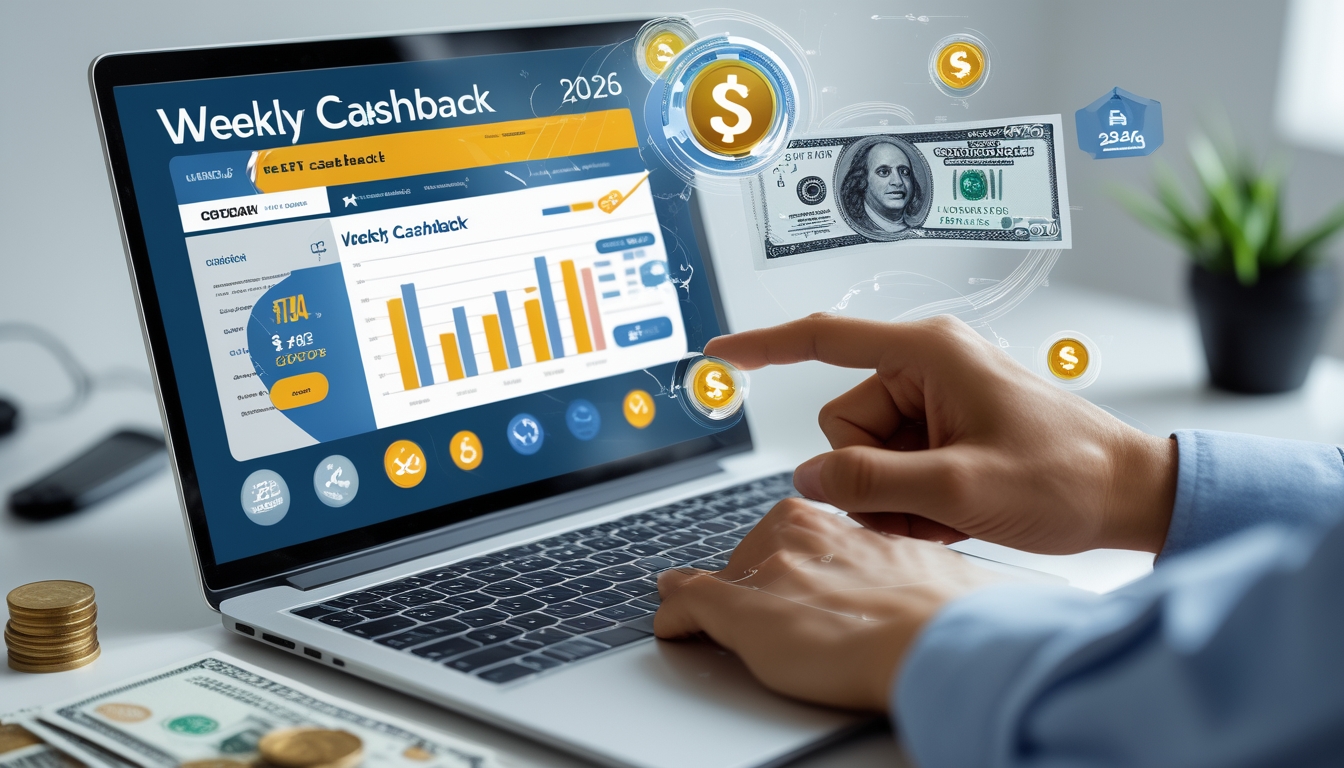 Seseorang menggunakan laptop dengan tampilan grafik cashback mingguan di layar, di meja terdapat uang dan koin sebagai simbol penghematan.