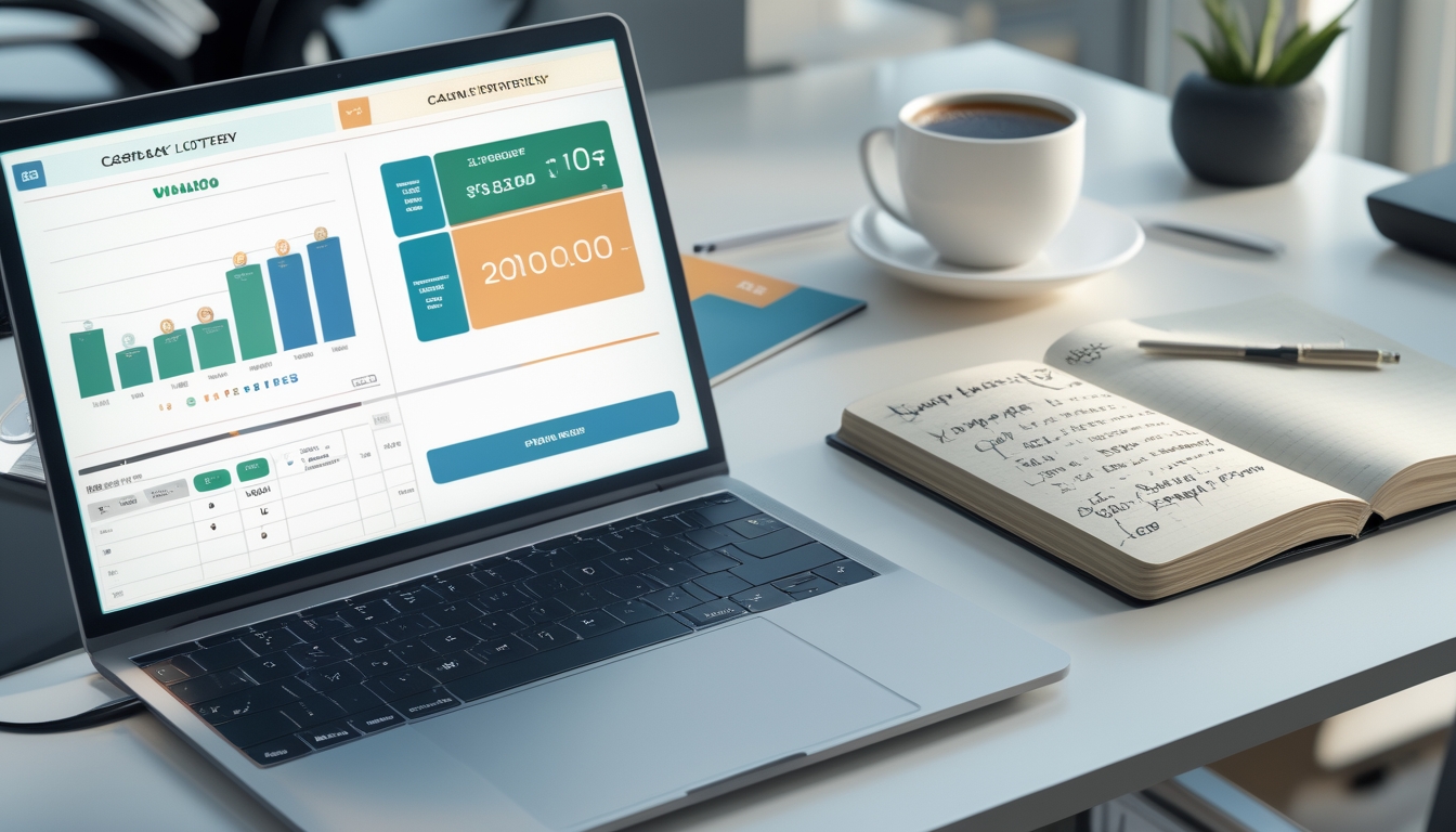 Meja kerja dengan laptop, smartphone, catatan, dan kopi yang menunjukkan suasana strategi bermain togel online.