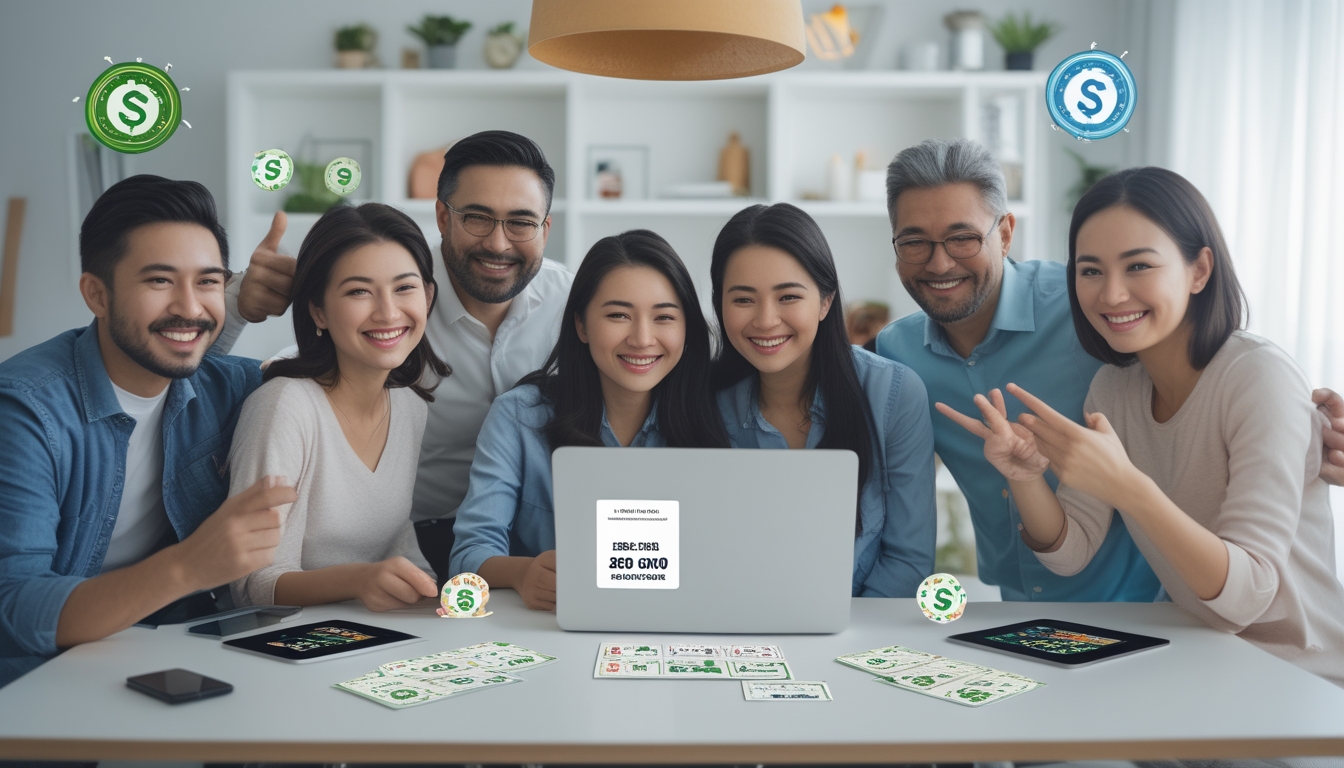 Sekelompok orang tersenyum dan berkumpul di sekitar laptop dengan perangkat digital, menunjukkan suasana kegembiraan terkait hadiah cashback mingguan dari permainan togel online.