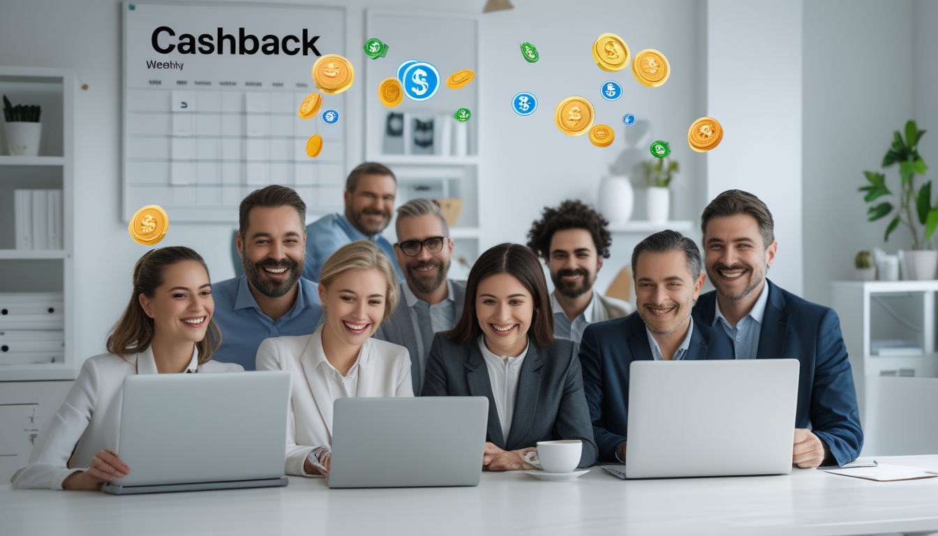 Sekelompok orang tersenyum menggunakan laptop dan ponsel di ruang kerja rumah, menunjukkan konsep cashback mingguan dalam permainan togel online.