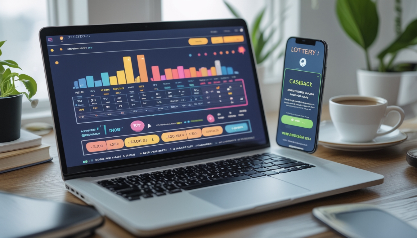 Sebuah meja kerja modern dengan laptop dan ponsel yang menampilkan aplikasi togel online dan notifikasi cashback, di ruang yang terang dan rapi.
