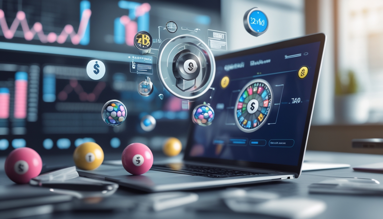 Sebuah meja kerja modern dengan laptop yang menampilkan antarmuka lotere digital, bola lotere berwarna-warni, ikon cashback, dan jam yang menunjukkan layanan 24 jam.