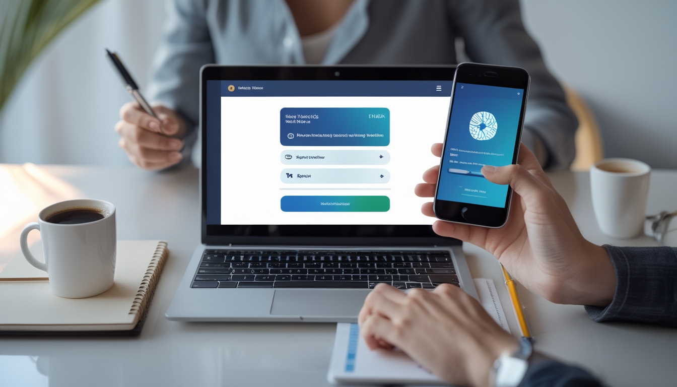 Seseorang menggunakan laptop dan ponsel untuk melakukan transaksi deposit dan withdraw di situs togel online dengan suasana meja kerja yang rapi.