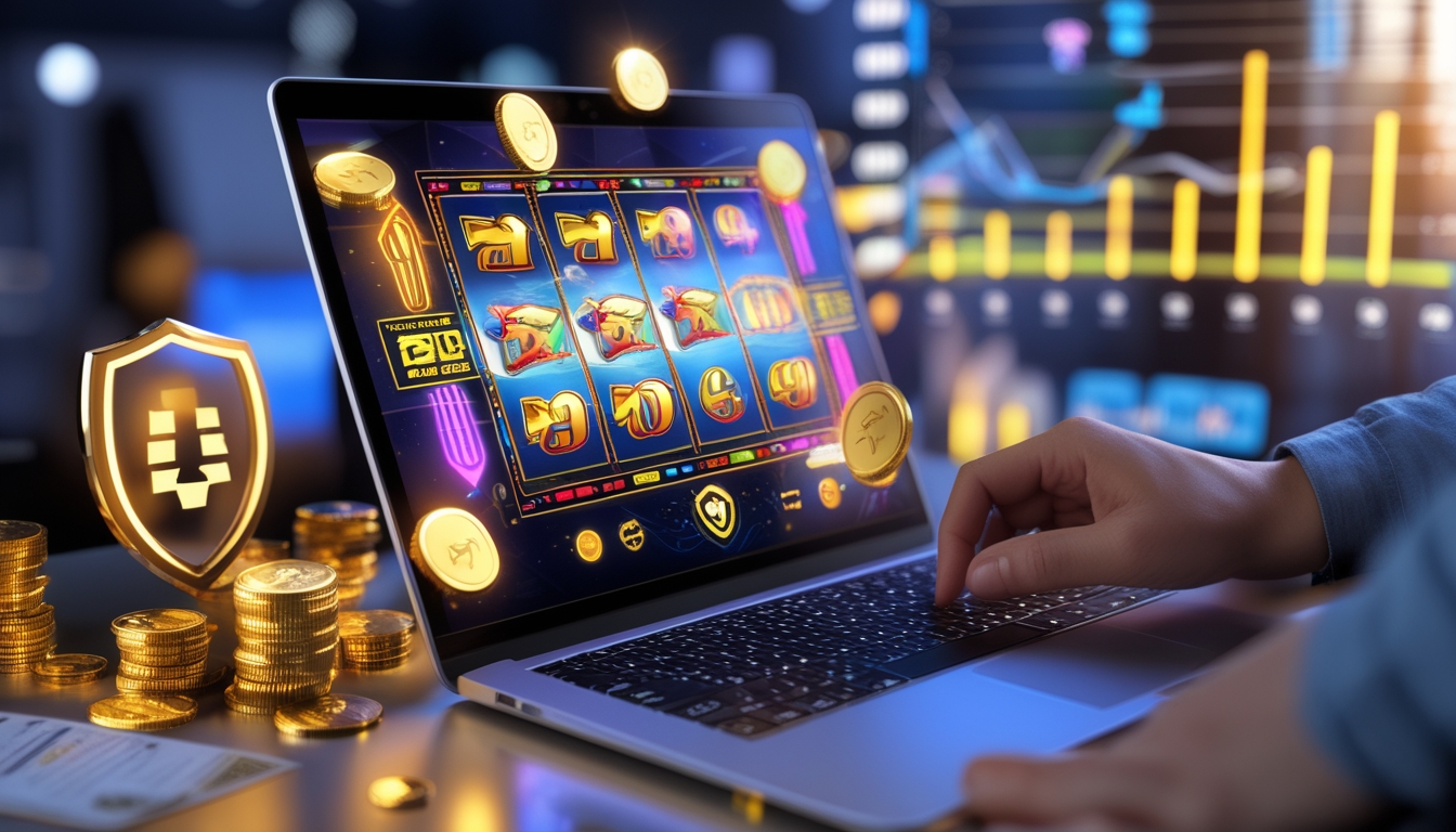 Seseorang menggunakan laptop dengan tampilan mesin slot online berwarna cerah dan koin emas di meja.