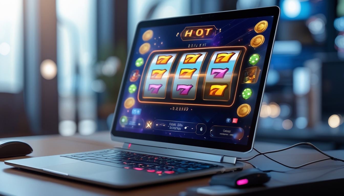 Sebuah setup permainan slot online dengan komputer menampilkan grafik slot berwarna cerah dan simbol yang bersinar, dikelilingi oleh ikon keamanan dan lingkungan kantor modern.