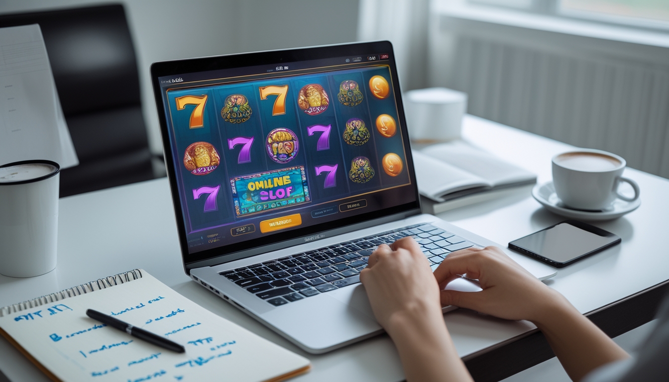 Seorang pemula sedang belajar memilih permainan slot online dengan laptop, buku catatan, dan kopi di meja kerja yang rapi.