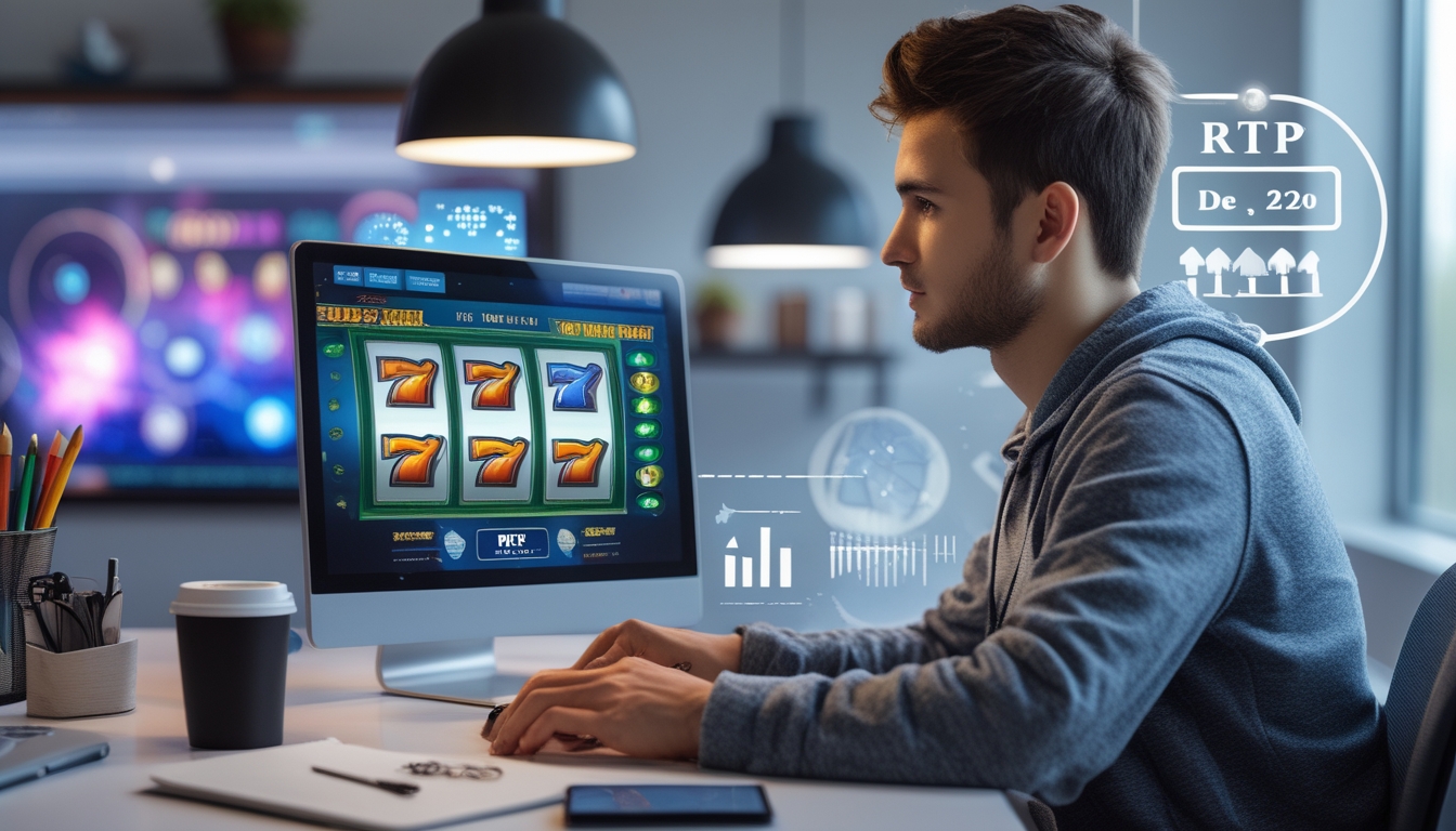 Seorang pria muda sedang bermain slot online di laptop di meja kerja dengan suasana tenang dan fokus.