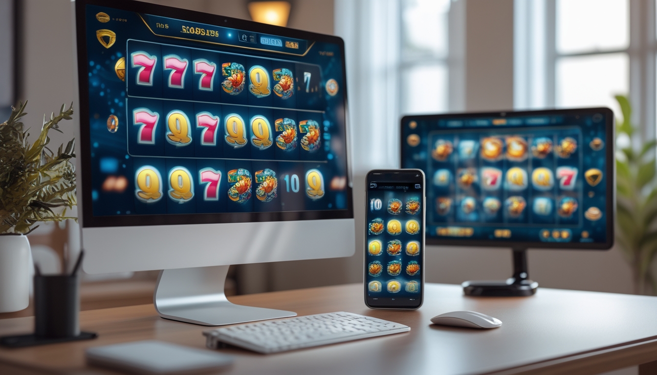 Meja kerja modern dengan komputer dan ponsel yang menampilkan permainan slot online dengan simbol berwarna-warni dan latar belakang yang menunjukkan keamanan.