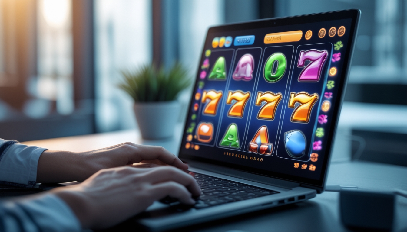 Seseorang menggunakan laptop yang menampilkan permainan slot online dengan simbol warna-warni di layar.
