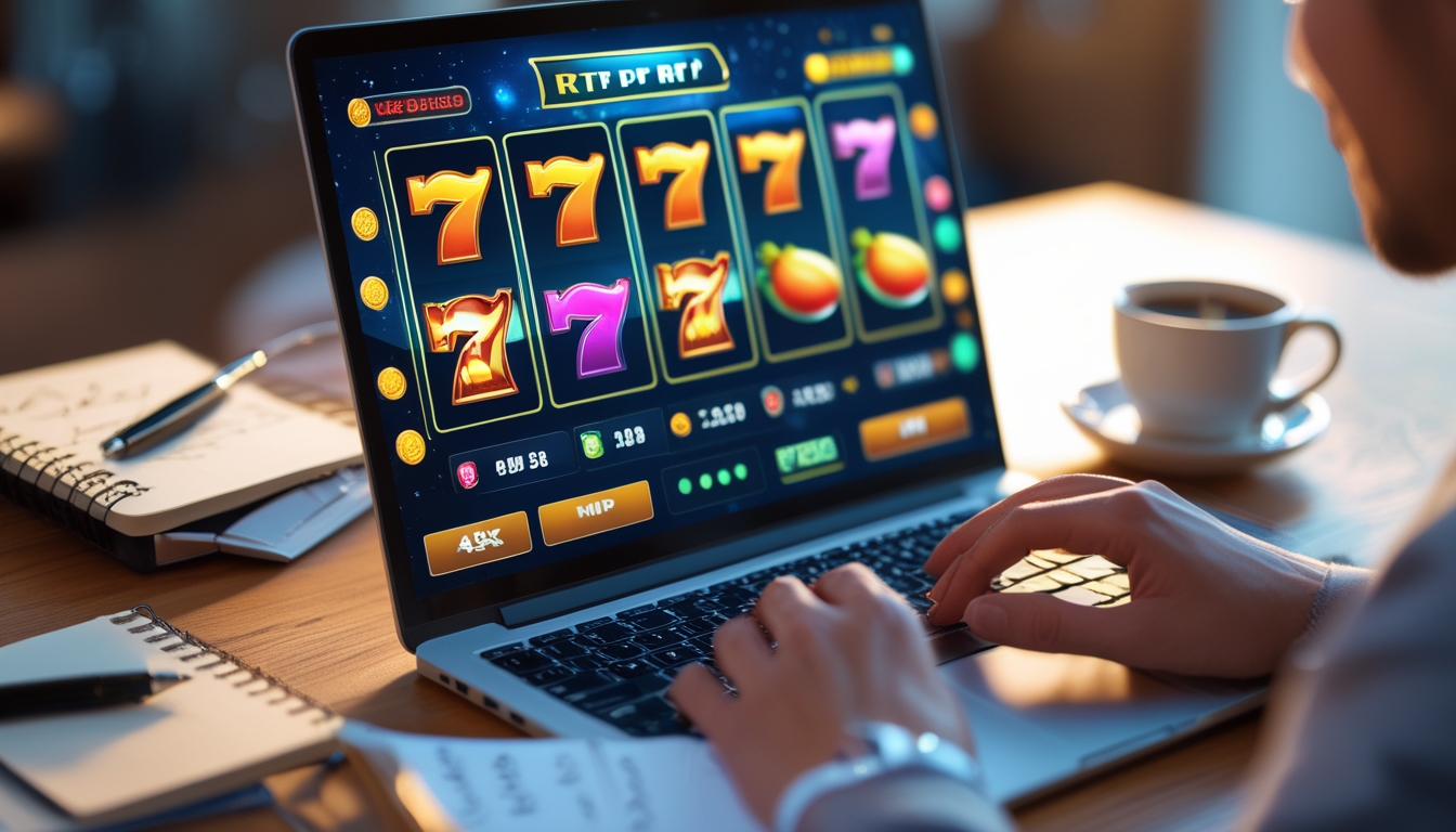 Seorang pengguna komputer dengan layar menampilkan permainan slot online berwarna-warni, dikelilingi oleh buku catatan dan cangkir kopi di meja.