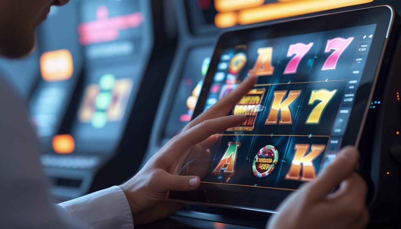 Tangan yang sedang menggunakan perangkat digital untuk bermain mesin slot dengan ikon warna-warni dan grafik strategi di latar belakang.