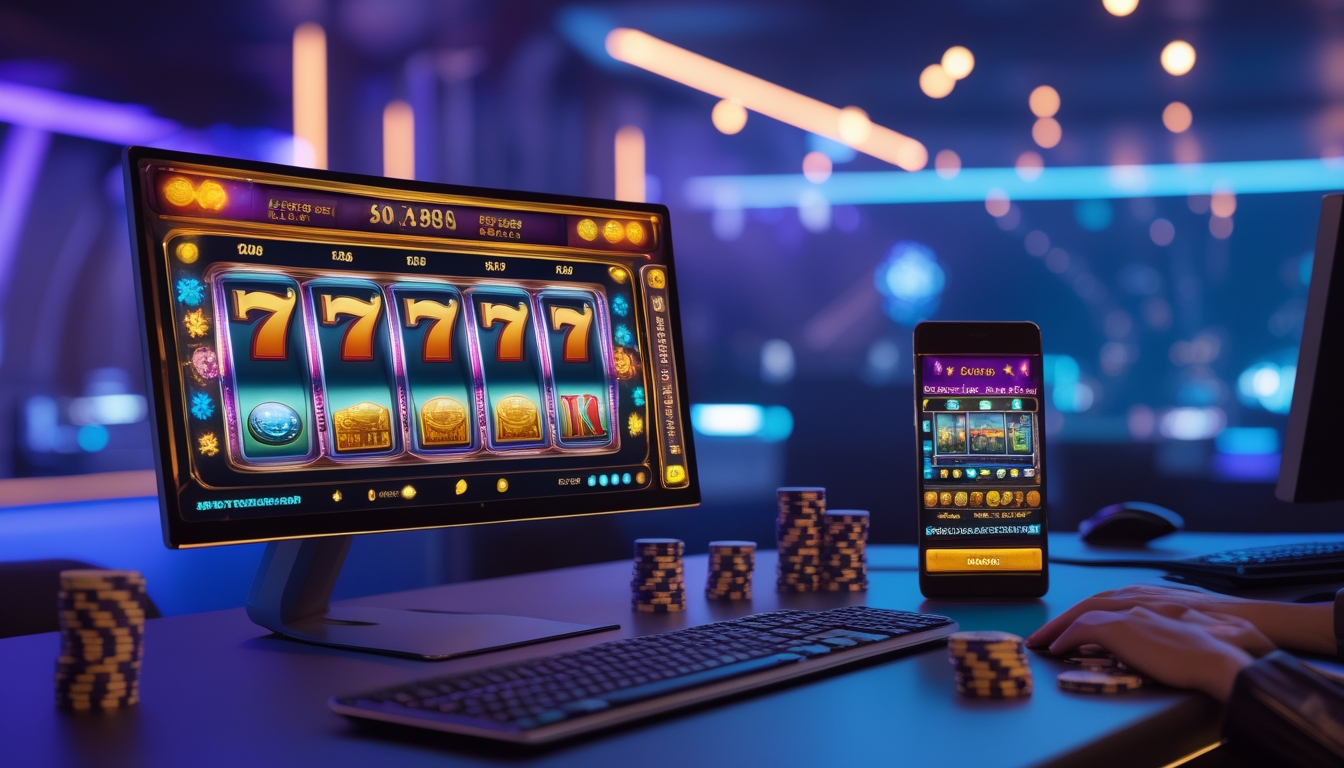 Sebuah meja komputer modern dengan monitor besar menampilkan permainan mesin slot online yang berwarna-warni dan chip kasino di atas meja.