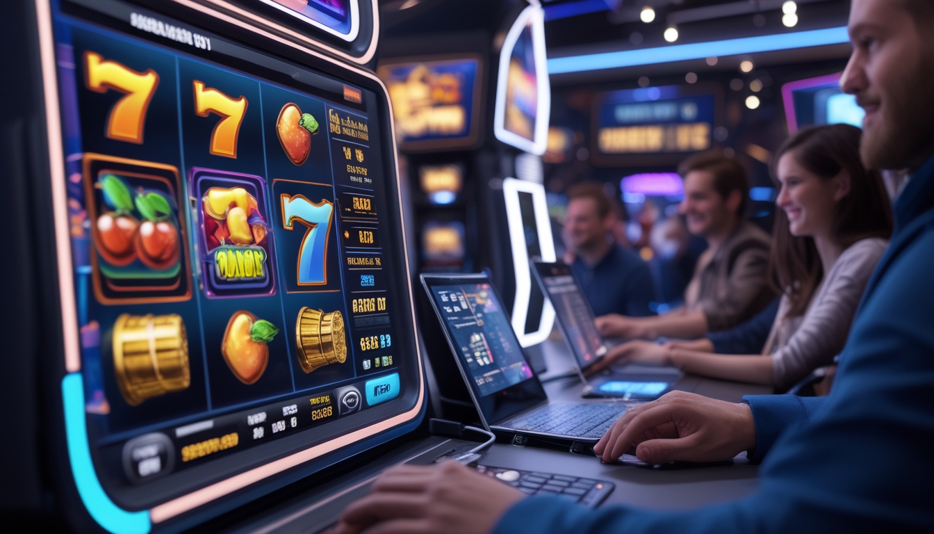 Orang-orang sedang bermain mesin slot online dengan layar berwarna cerah dan tampilan statistik RTP di latar belakang.