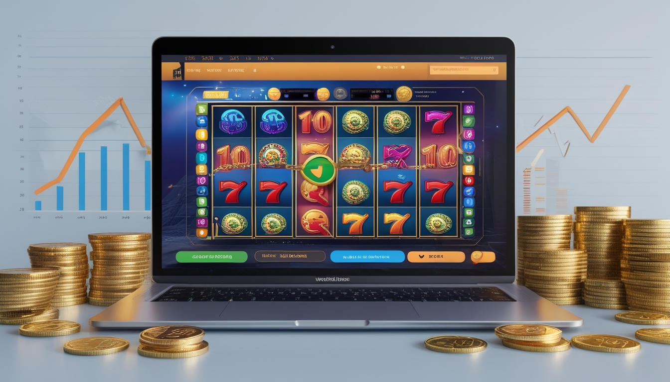 Seorang pengguna bermain permainan slot online di komputer dengan koin emas dan grafik keuntungan di sekitar layar.