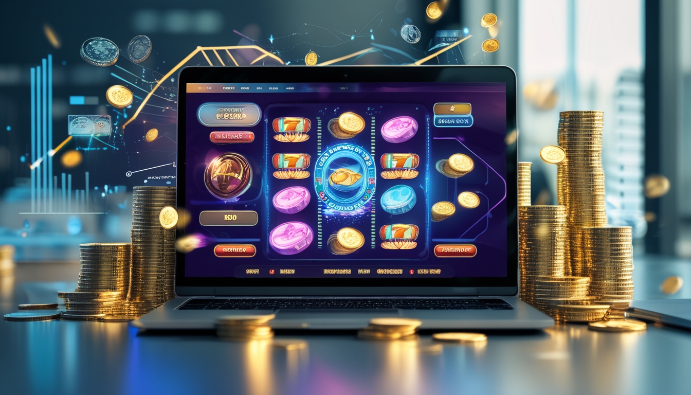 Seorang pemain sedang menggunakan komputer dengan permainan slot online yang menampilkan simbol berwarna cerah dan koin emas di sekitarnya.
