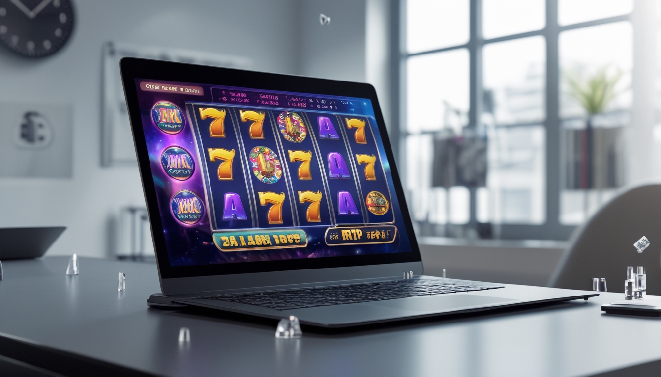 Sebuah komputer menampilkan permainan slot online dengan simbol warna-warni, di meja kerja yang rapi dan terang, menunjukkan suasana permainan slot daring yang aktif dan profesional.