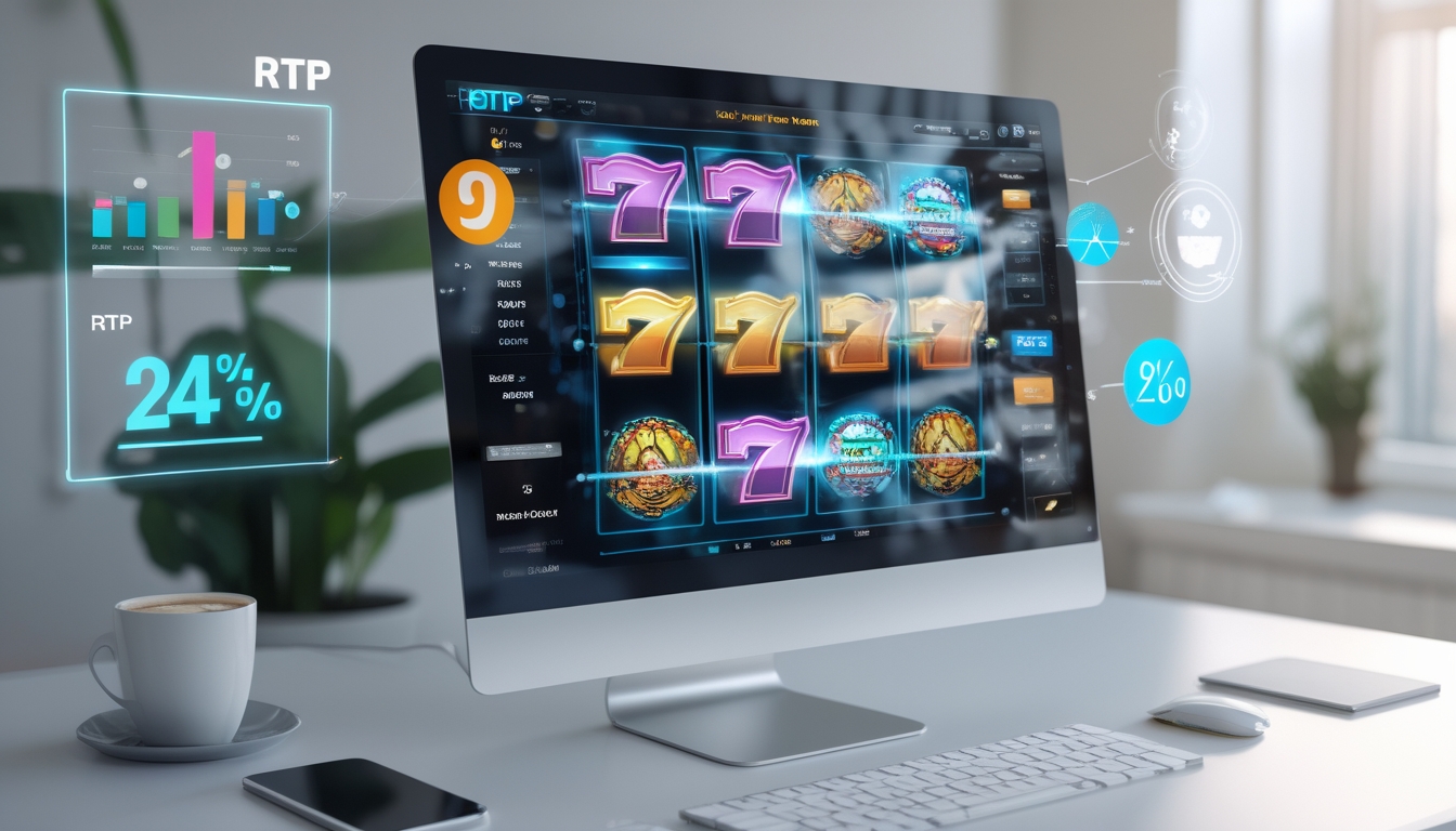 Seorang pengguna bermain slot online di laptop dengan grafik dan statistik RTP di layar, di ruang kerja yang terang dan rapi.