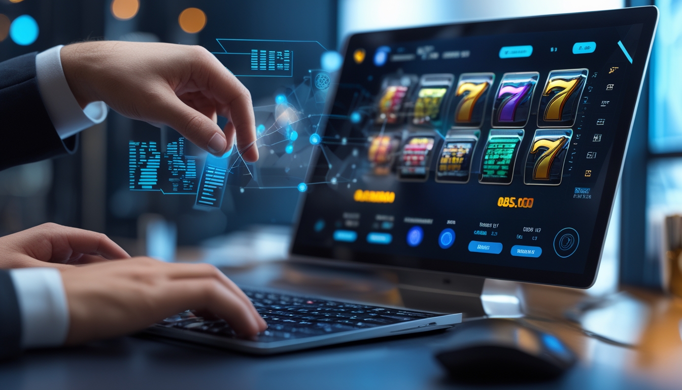 Tangan seseorang menggunakan perangkat digital yang menampilkan permainan slot online dengan latar belakang simbol transaksi keuangan.