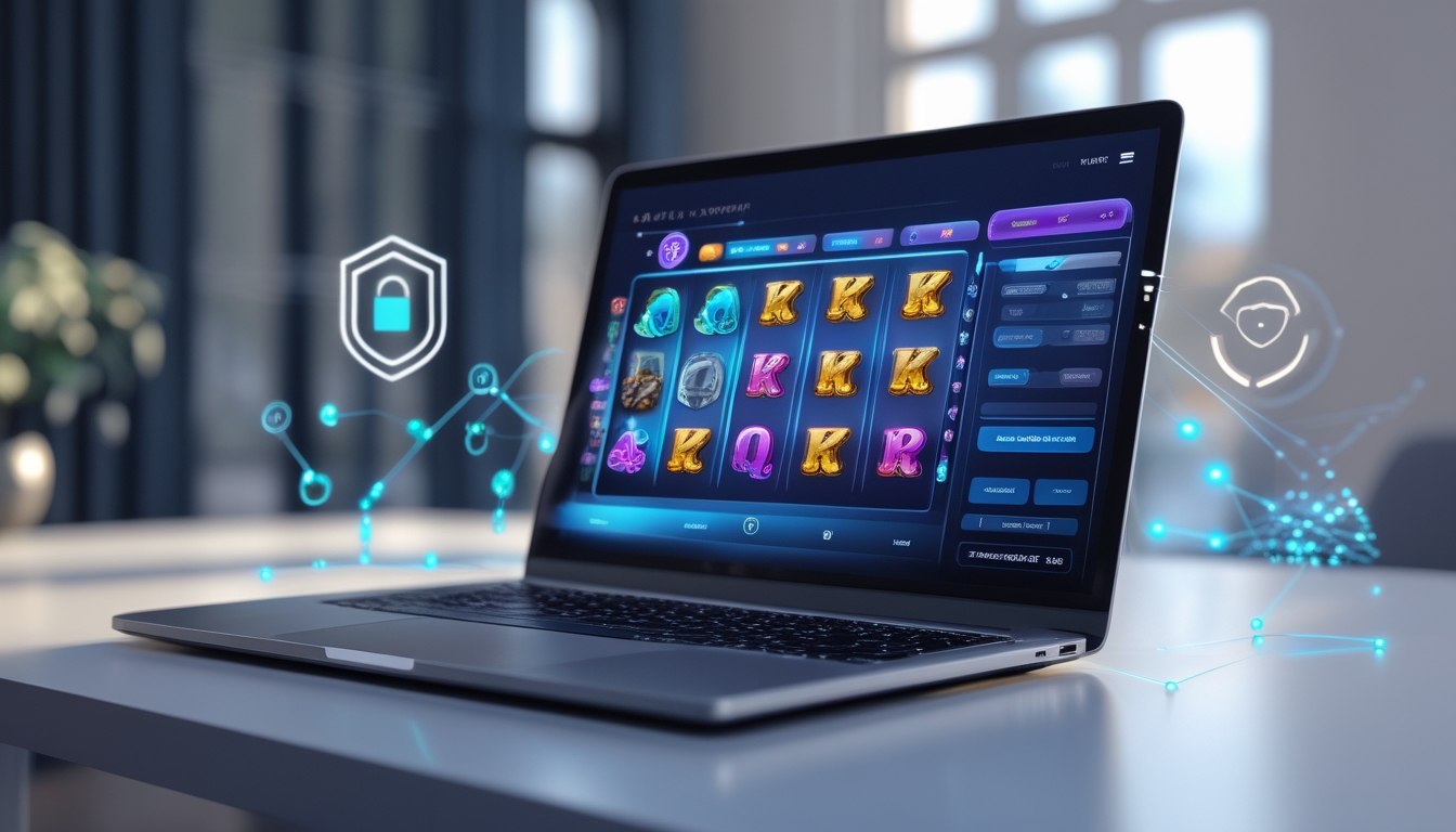 Seorang pengguna sedang bermain permainan slot online di laptop dengan latar belakang yang menunjukkan simbol keamanan dan koneksi digital.