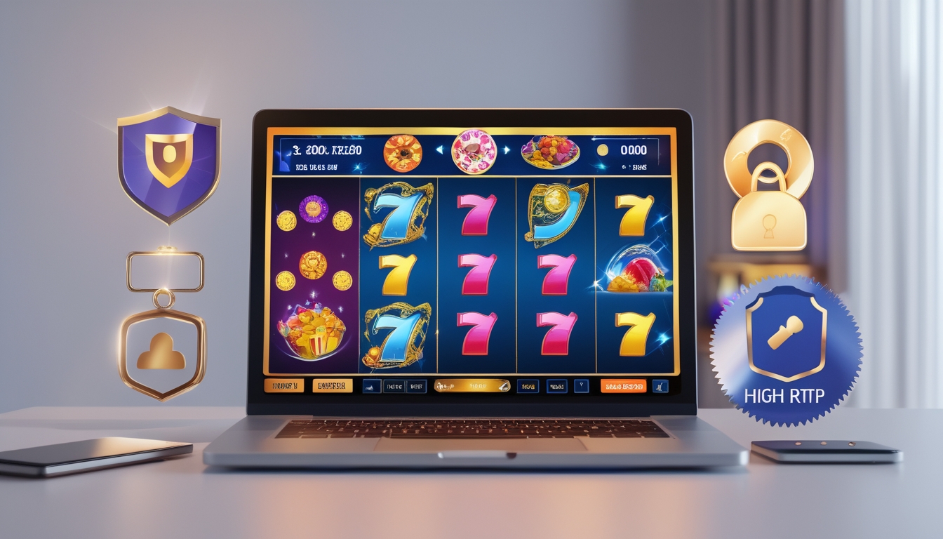 Seorang pengguna sedang bermain mesin slot online di komputer dengan simbol permainan yang berwarna-warni dan ikon keamanan di sekitar layar.