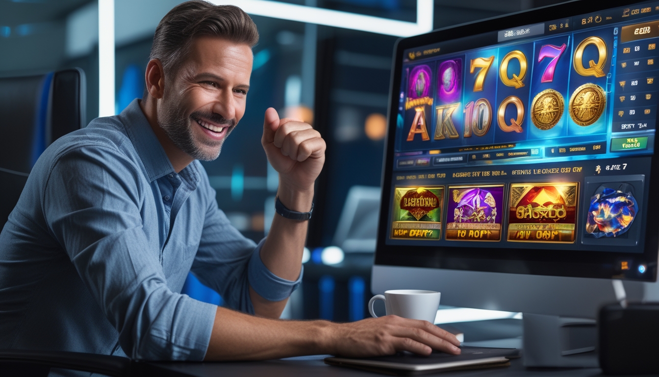 Seorang pria dewasa duduk di depan komputer dengan tampilan permainan slot online yang berwarna-warni, terlihat fokus dan percaya diri dalam suasana ruangan modern.