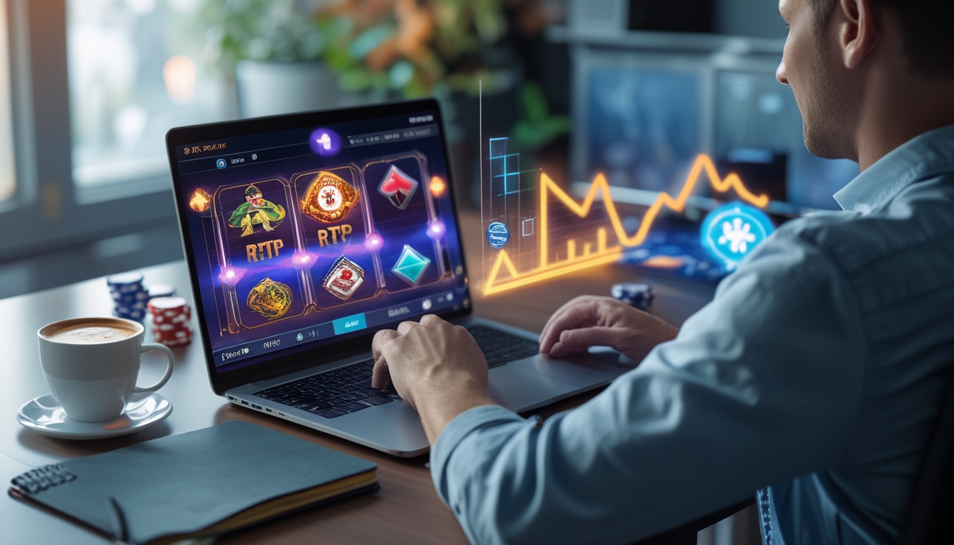 Seorang pemain dewasa fokus menggunakan laptop dengan permainan slot online di layar, dikelilingi chip poker dan kartu, menunjukkan suasana strategi dan keberuntungan.