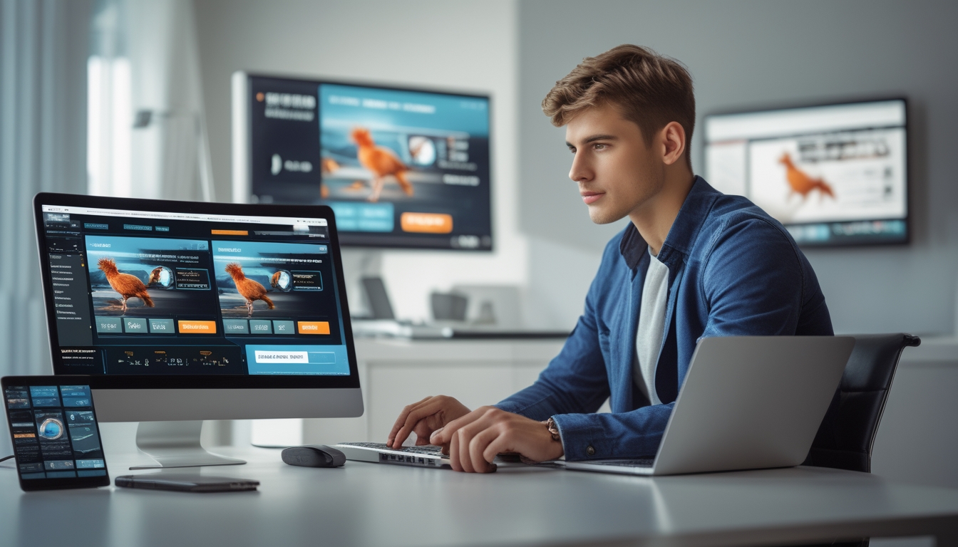 Seorang pria muda duduk di meja kerja modern menggunakan laptop dan ponsel untuk taruhan online sabung ayam dengan suasana profesional dan fokus.