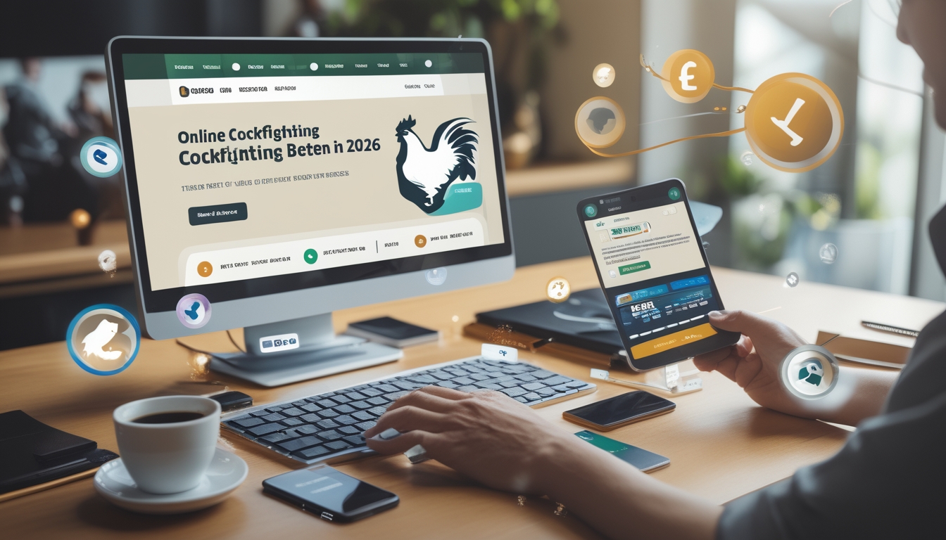 Seseorang menggunakan komputer dengan tampilan situs taruhan sabung ayam online yang terpercaya, dikelilingi oleh simbol pembayaran cepat dan perangkat teknologi.