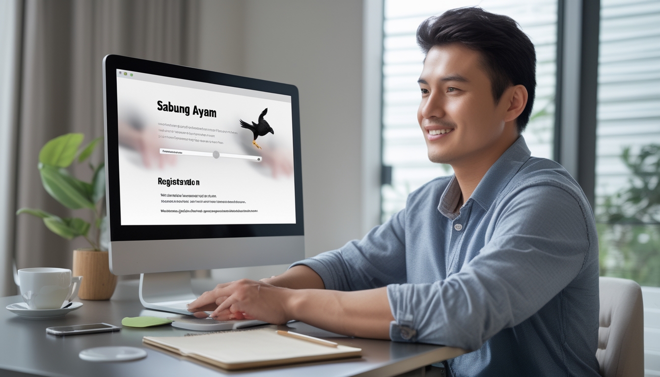 Seorang pria muda duduk di meja dengan laptop, terlihat fokus sedang mendaftar secara online dalam suasana ruangan yang terang dan rapi.
