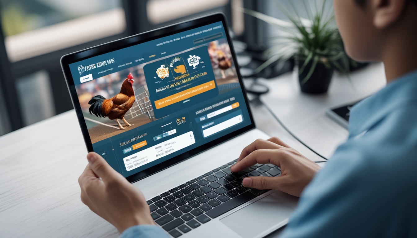 Seseorang menggunakan laptop atau ponsel untuk mengakses situs sabung ayam online dengan latar belakang elemen digital dan teknologi.