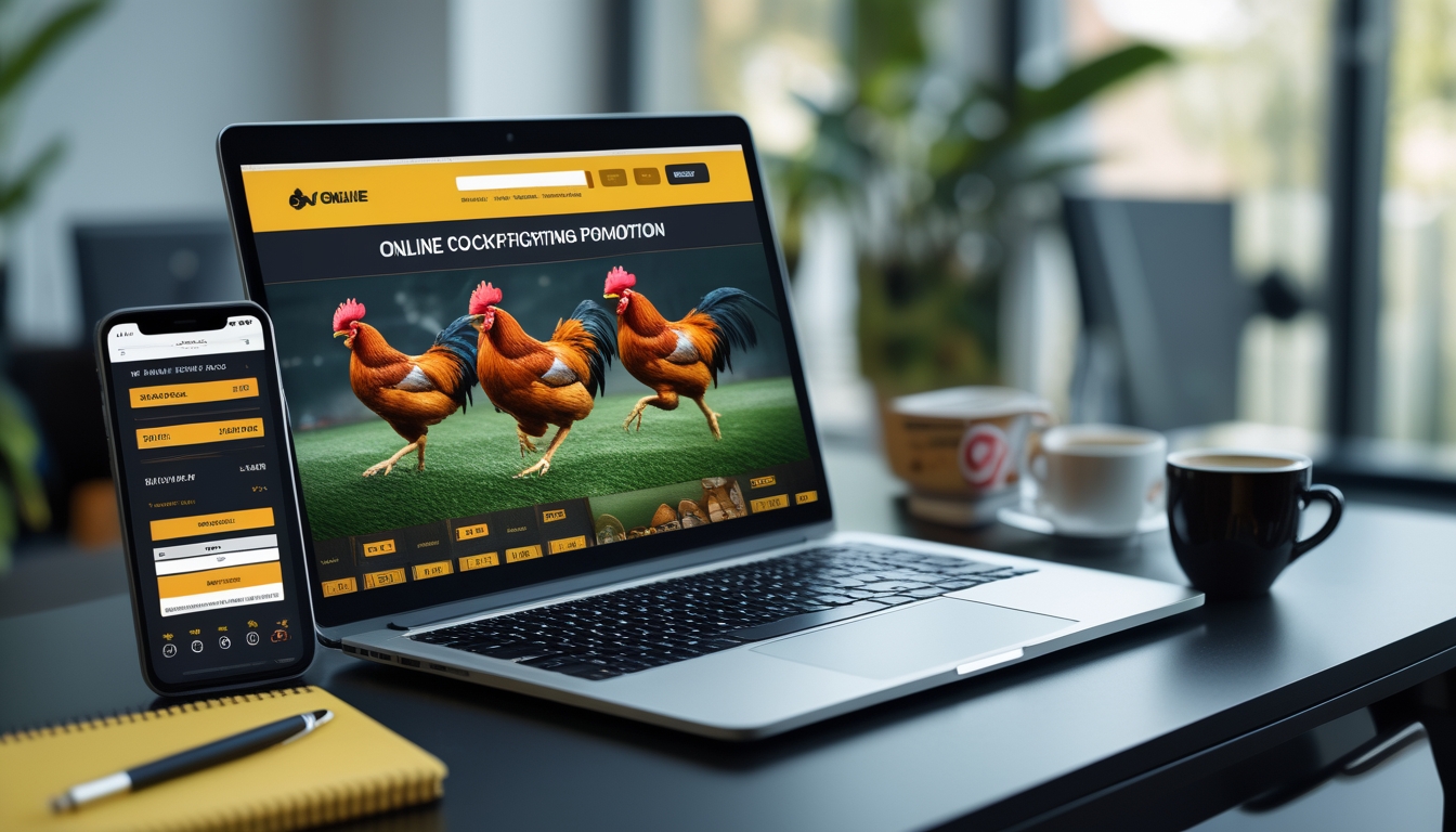 Seorang pria menggunakan laptop di meja kerja dengan gambar ayam aduan di layar, menunjukkan konsep pendaftaran sabung ayam online.