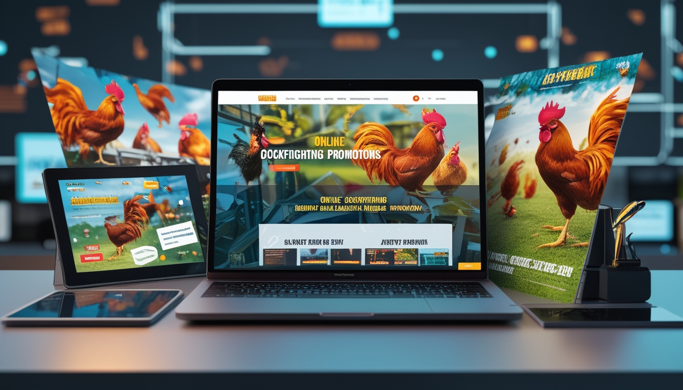 Seorang pria menggunakan laptop di meja kerja dengan tampilan situs web promosi sabung ayam online, dikelilingi oleh perangkat digital dan materi promosi.