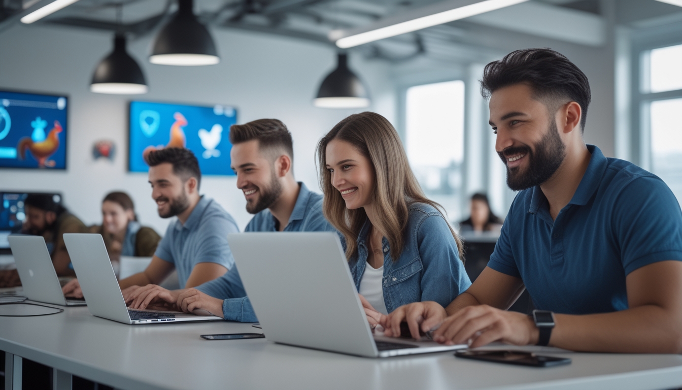 Sekelompok orang sedang menggunakan laptop dan ponsel di kantor modern, terlihat percaya diri dan fokus dalam aktivitas online bersama.