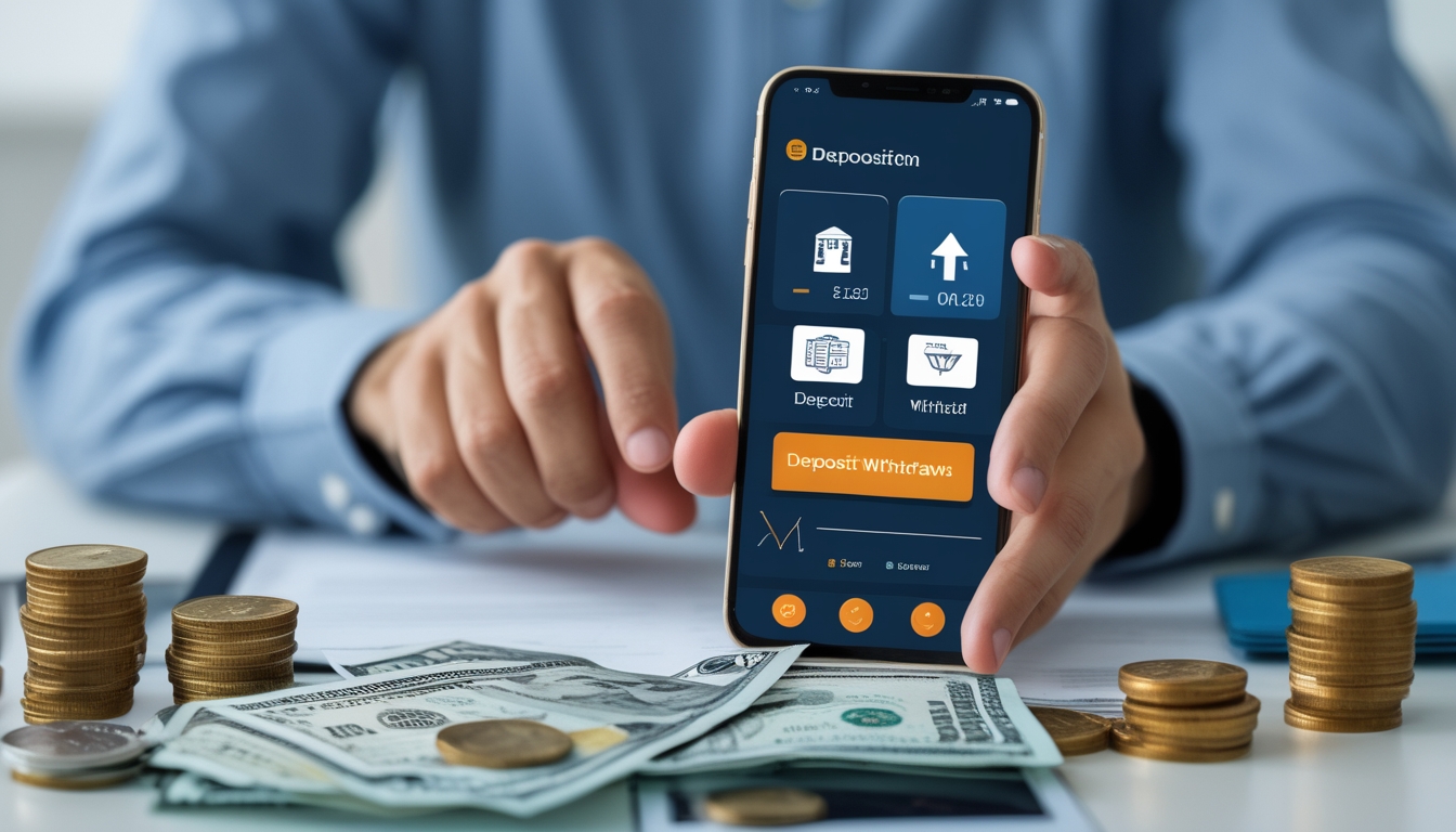 Tangan seseorang menggunakan ponsel untuk melakukan transaksi deposit dan withdraw dalam konteks taruhan sabung ayam online.