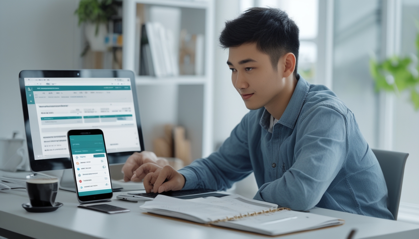 Seseorang menggunakan laptop di meja kerja yang rapi dengan ponsel dan catatan, sedang melakukan transaksi online.