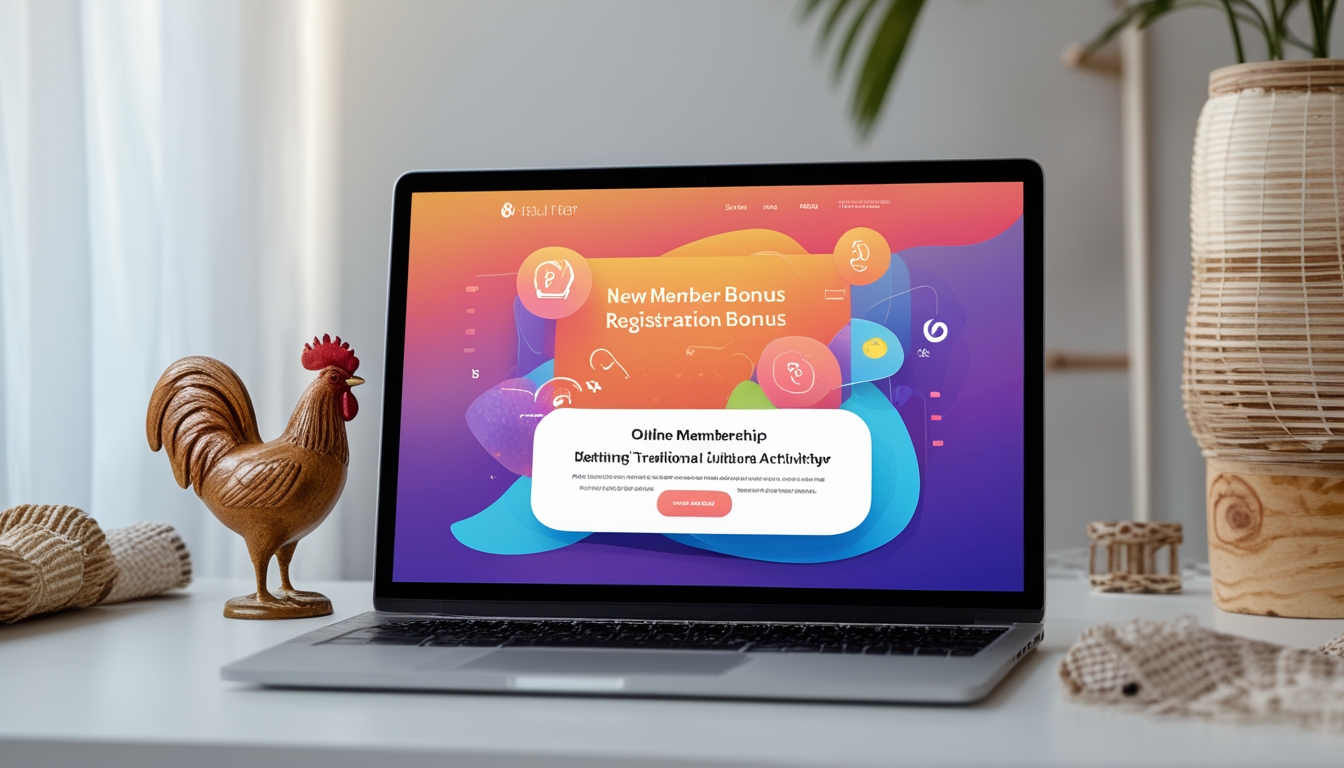 Seorang pengguna mendaftar secara online di depan laptop dengan dekorasi tradisional di meja.