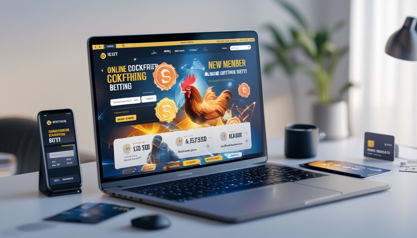 Seorang pria menggunakan laptop di meja kerja yang menampilkan situs taruhan sabung ayam online dengan perangkat digital di sekitarnya.