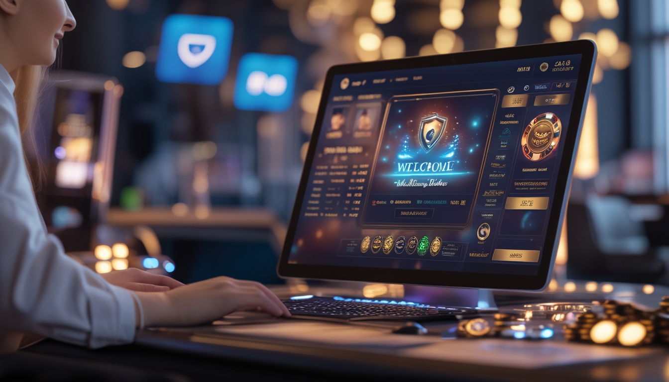 Suasana kasino online langsung dengan dealer ramah di depan layar komputer, menampilkan permainan kasino yang menarik dan elemen keamanan yang terlihat.