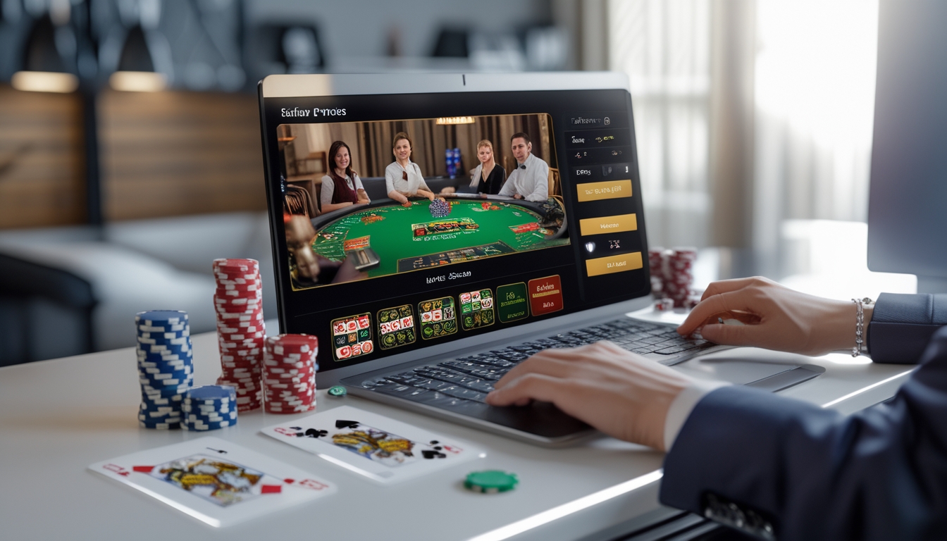 Seorang dealer kasino langsung tampil di layar komputer dengan kartu remi dan chip poker di meja di sekitarnya.