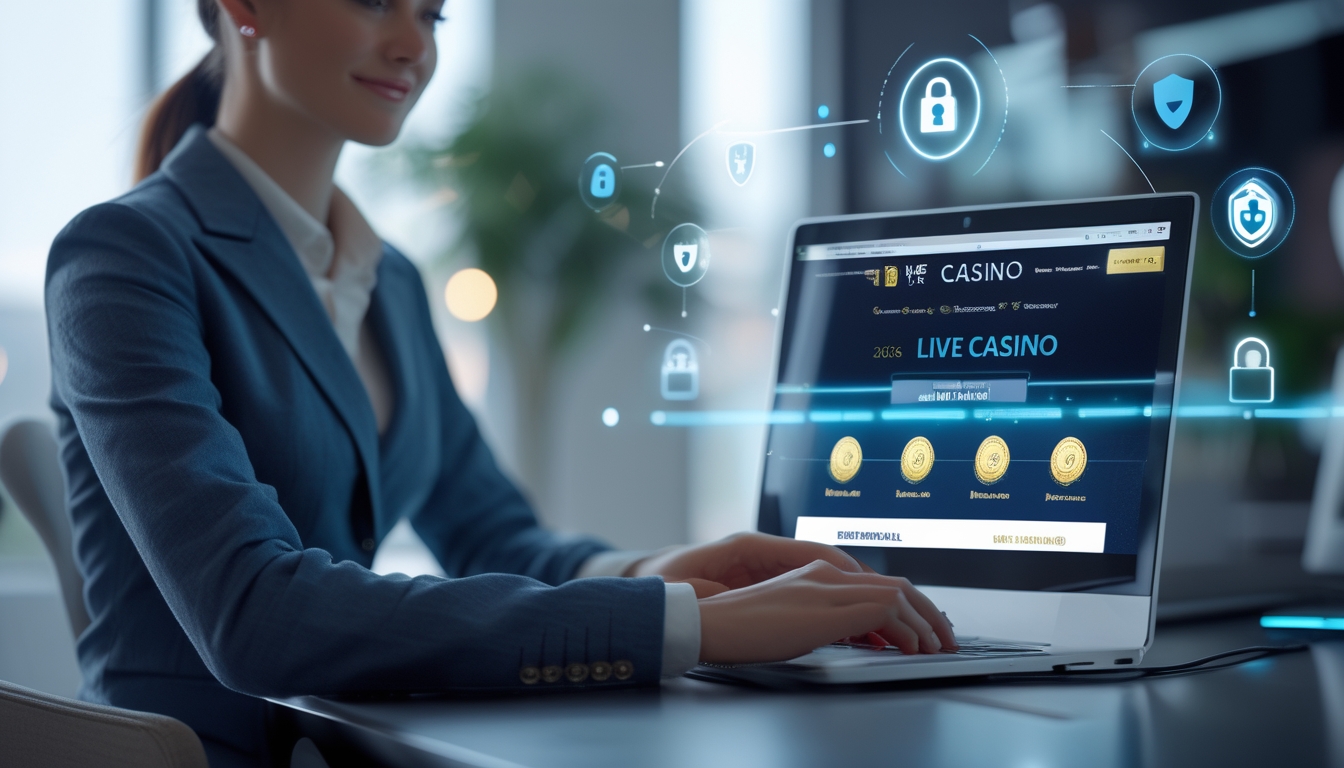 Seseorang menggunakan laptop di meja modern dengan ikon keamanan digital di latar belakang, menggambarkan lingkungan kasino online yang aman dan terpercaya.